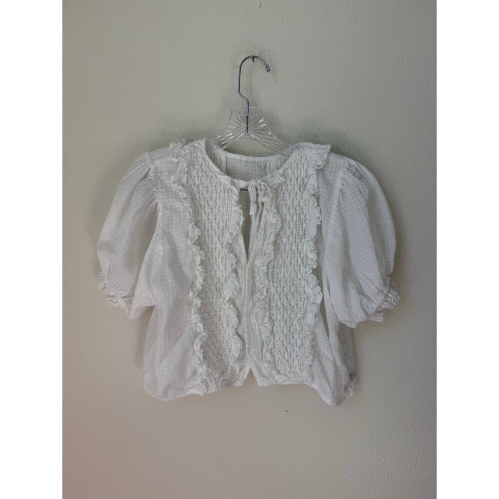 Innika Choo Smocked Ruffle Puff Sleeve Cutout Button Up Peasant Top - Picture 2 of 8